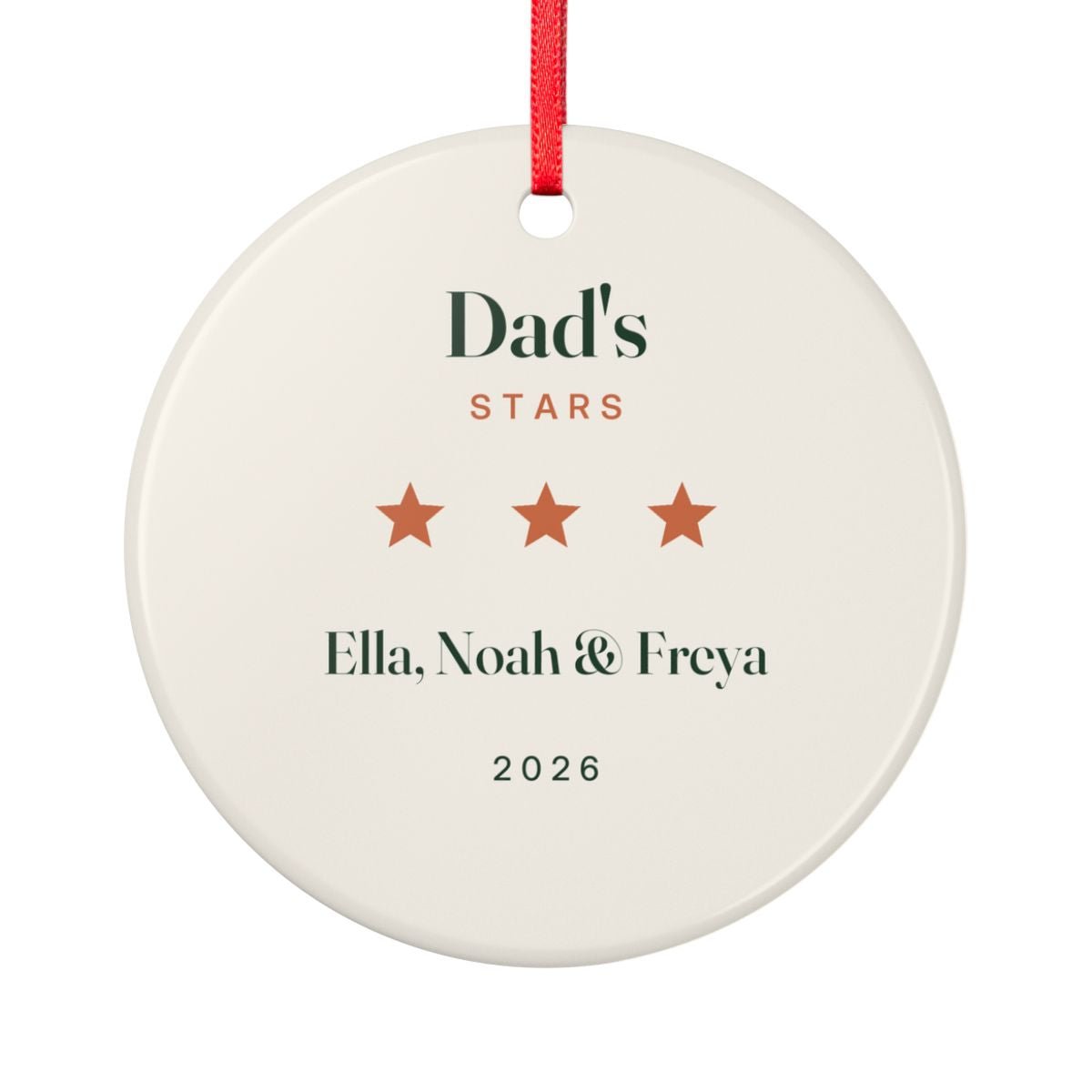 Personalised Dad's stars Christmas ornament mock-up, cream ceramic ornament with 'Dad's Stars', three stars and 'Ella, Noah & Freya'