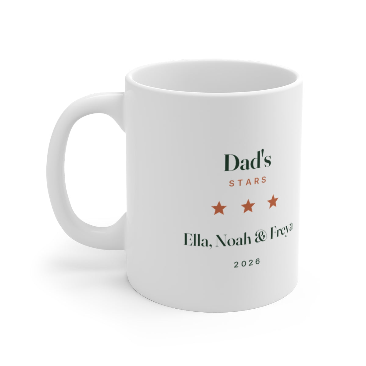 Personalised Dad's stars mug mock-up with 'Dad's Stars', three orange stars, 'Ella, Noah & Freya' and '2026'
