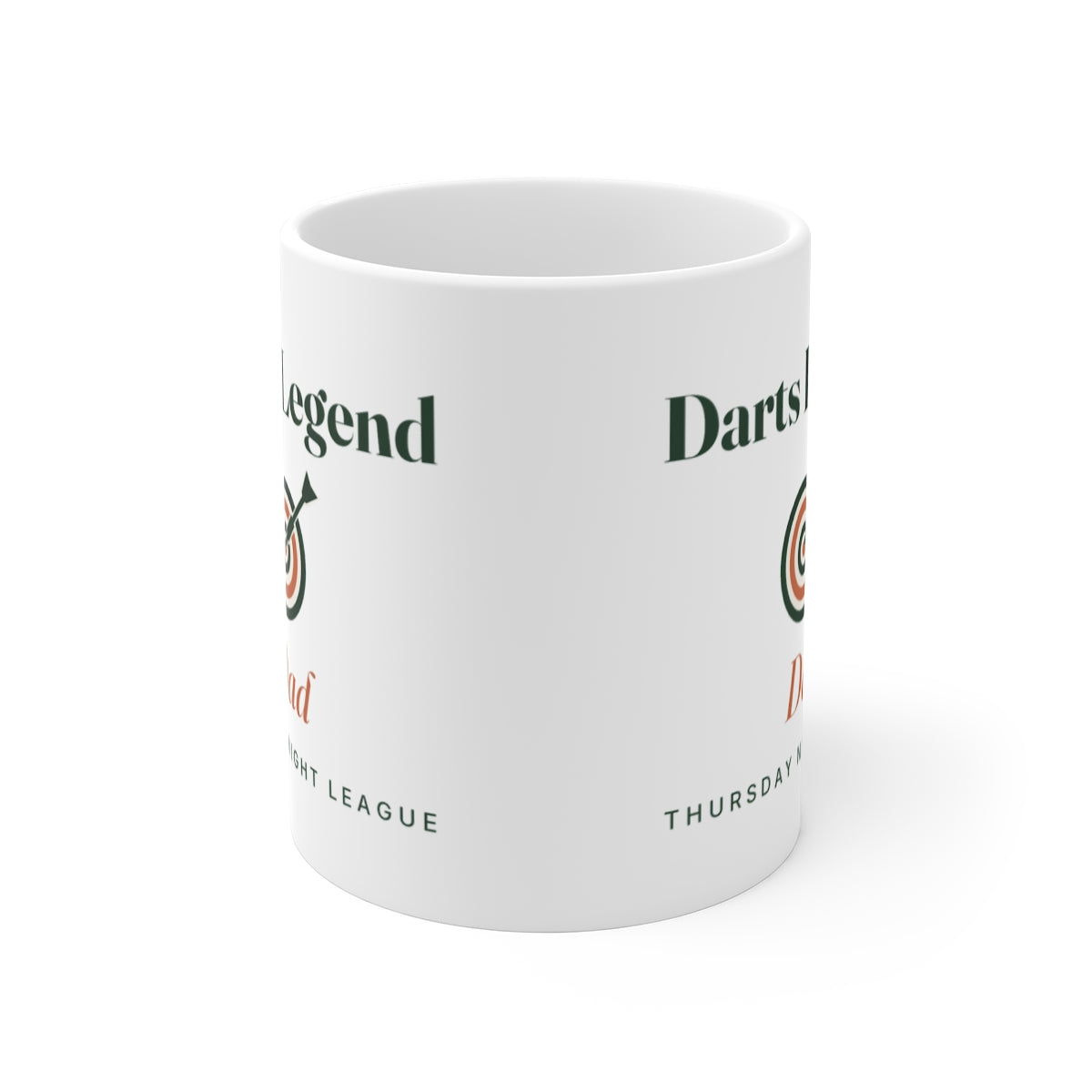 Personalised darts legend mug mock-up seen from the front, showing the 'Darts Legend' design printed on both sides
