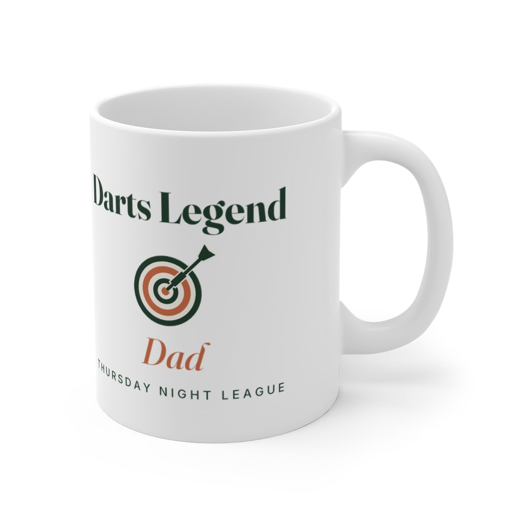 Personalised darts legend mug mock-up turned to show the dartboard design with the handle on the right