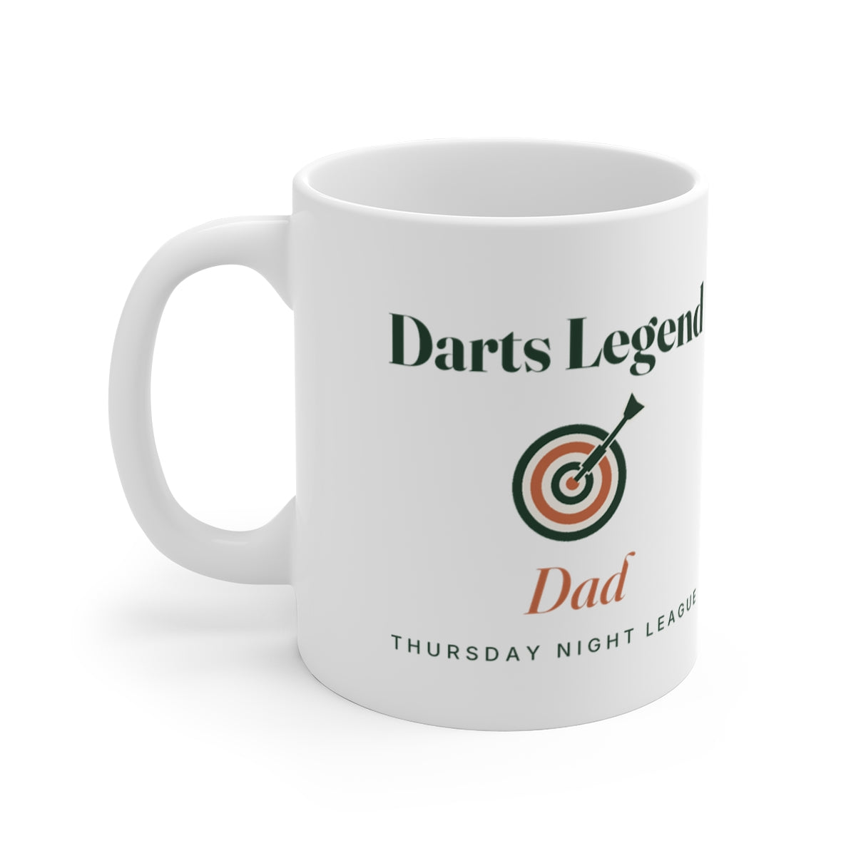 Personalised darts legend mug mock-up with a dartboard and dart, 'Darts Legend', 'Dad' and 'Thursday night league'