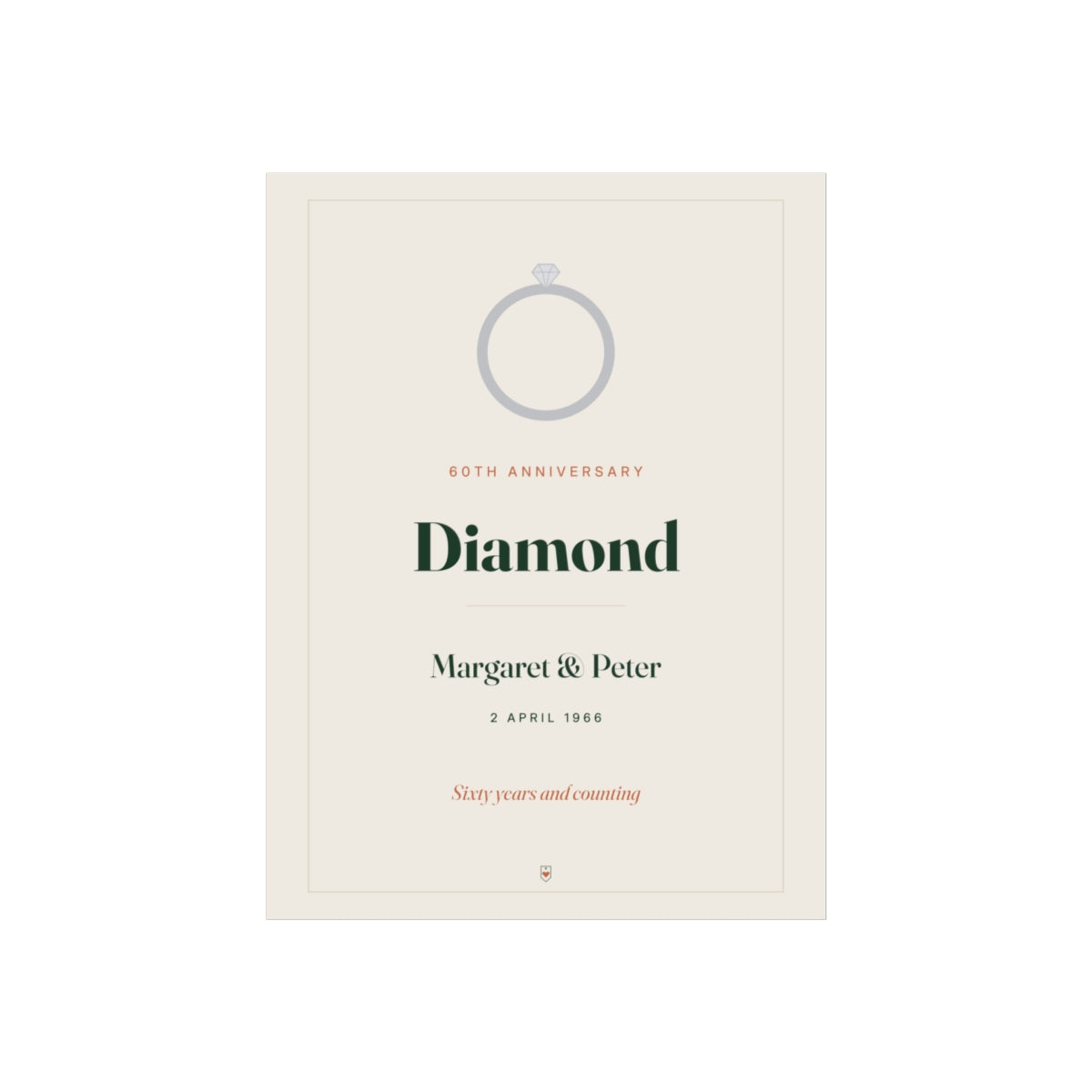 Diamond anniversary print mock-up with a drawn ring, '60th anniversary', 'Diamond', 'Margaret & Peter' and '2 April 1966'
