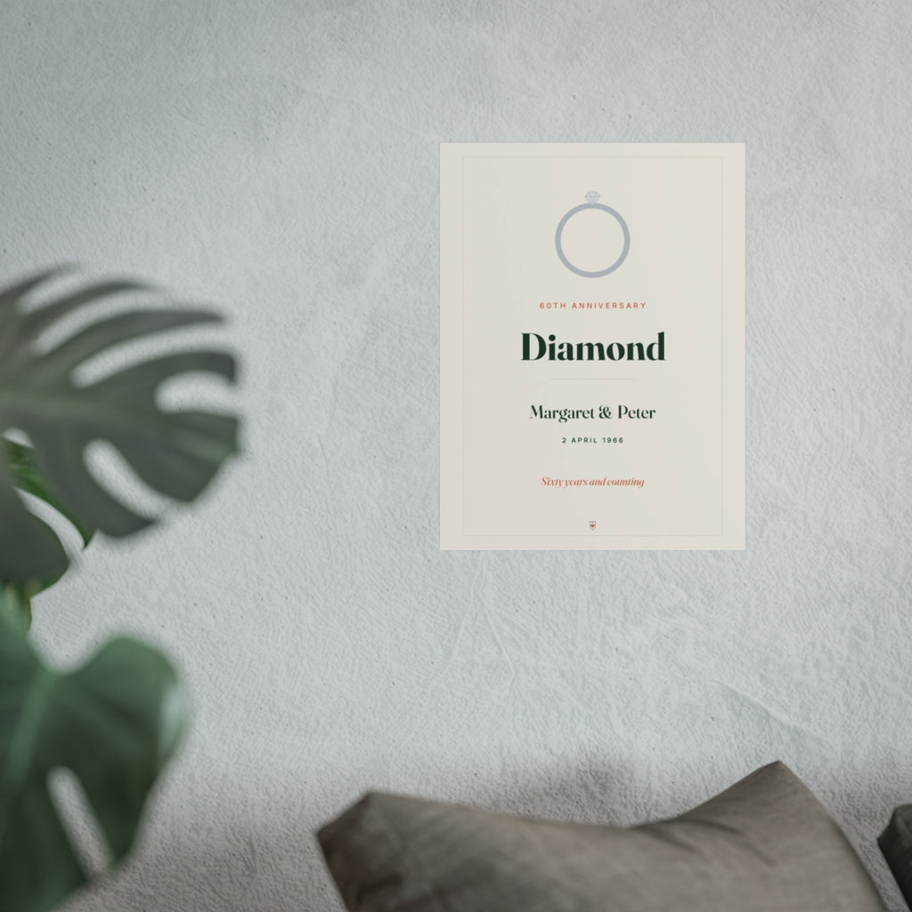 Diamond anniversary print mock-up hung on a pale wall beside a monstera plant and a grey sofa, larger size