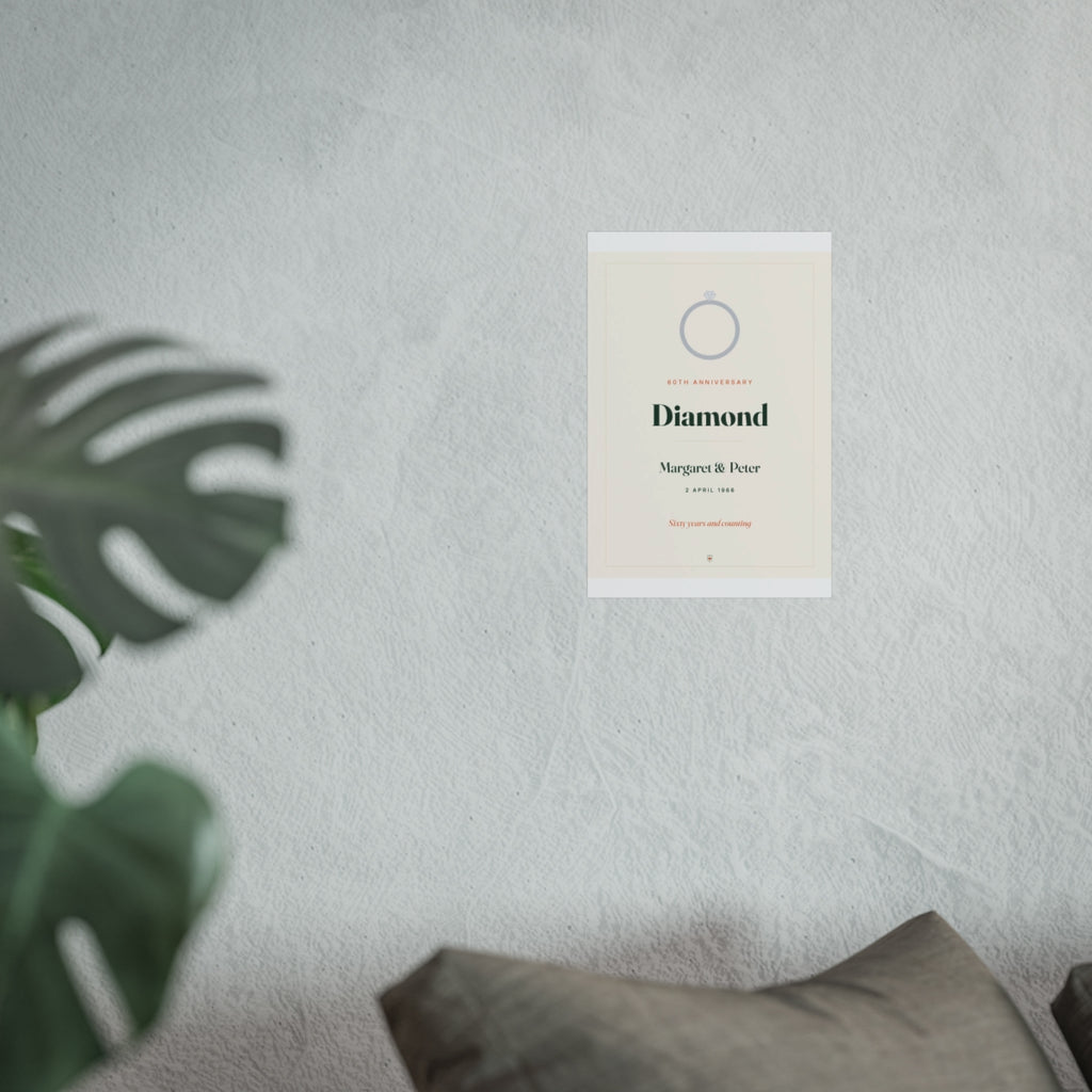 Diamond anniversary print mock-up at the smaller size on a pale wall beside a monstera plant and a grey sofa