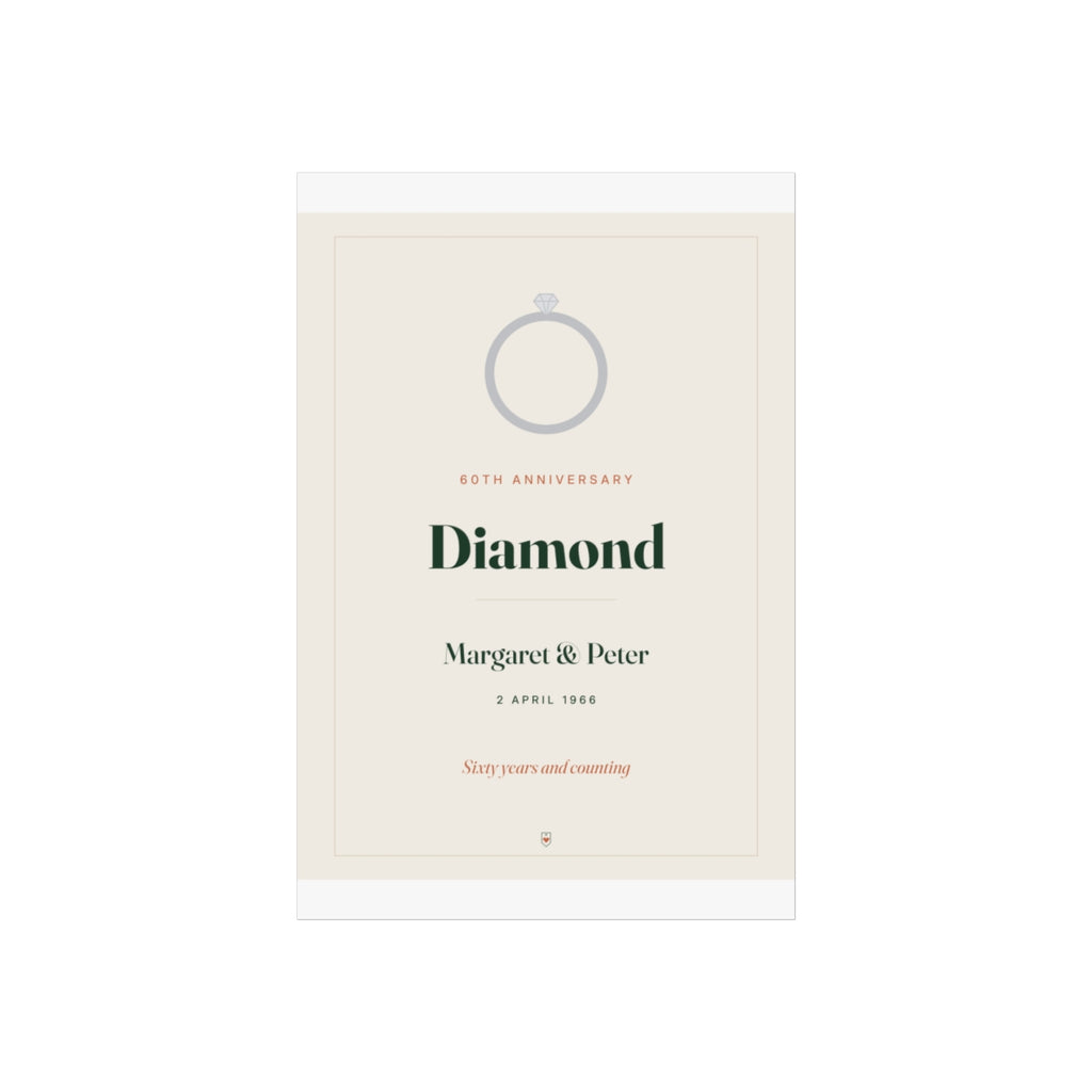 Diamond anniversary print mock-up on a taller sheet with white margins, 'Diamond' and 'Sixty years and counting'