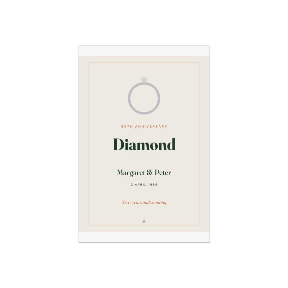 Diamond anniversary print mock-up on a taller sheet with white margins, 'Diamond' and 'Sixty years and counting'