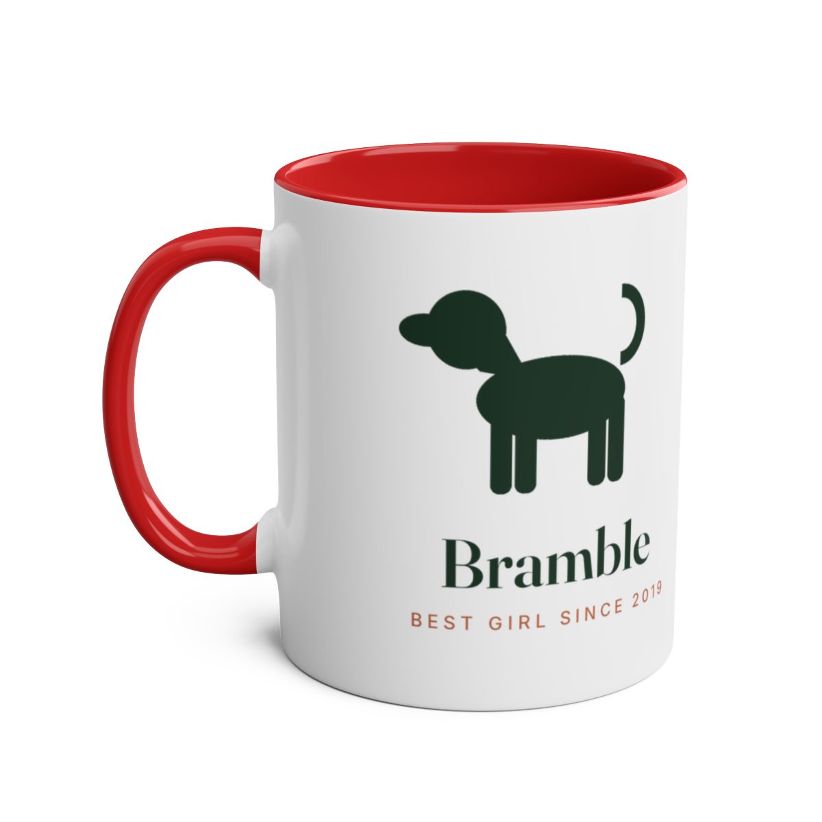 Personalised dog silhouette two-tone mug mock-up in red with a dark green dog, 'Bramble' and 'Best girl since 2019'