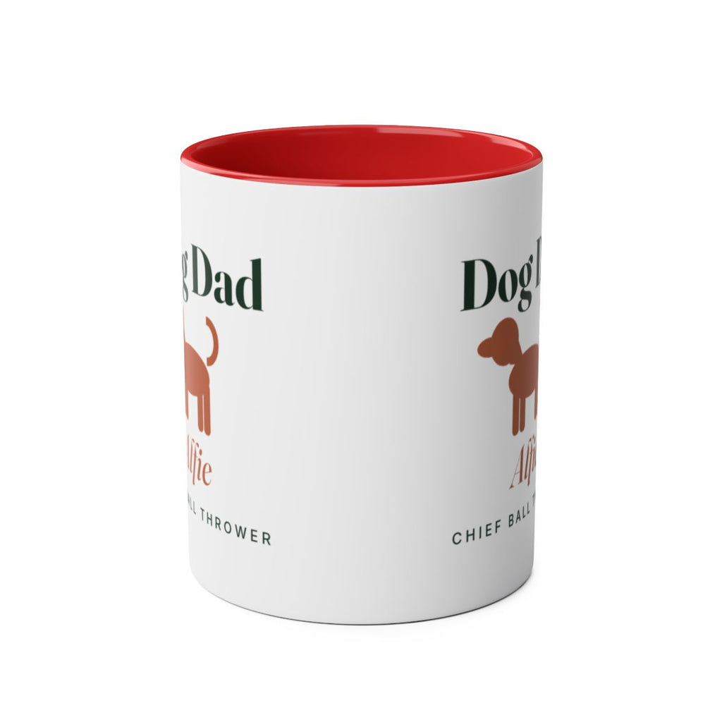 Dog Dad two-tone mug in red seen straight on with the handle behind, the design visible on both sides