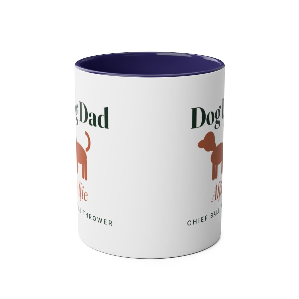 Dog Dad two-tone mug in dark blue seen straight on with the handle behind, the design visible on both sides