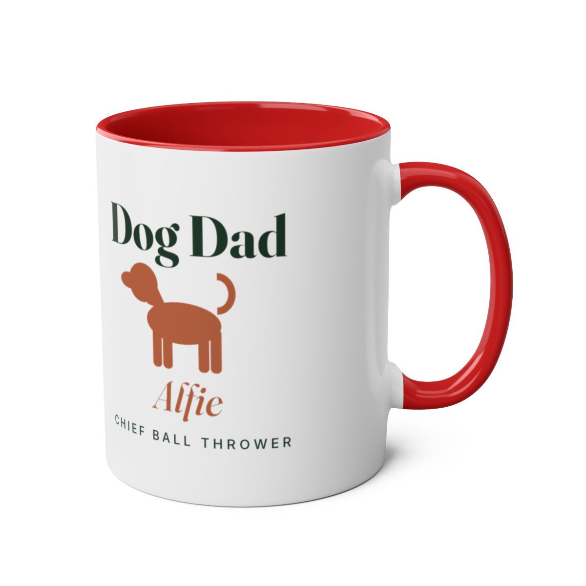 Dog Dad two-tone mug in red with the handle on the right, showing the design printed on the other side