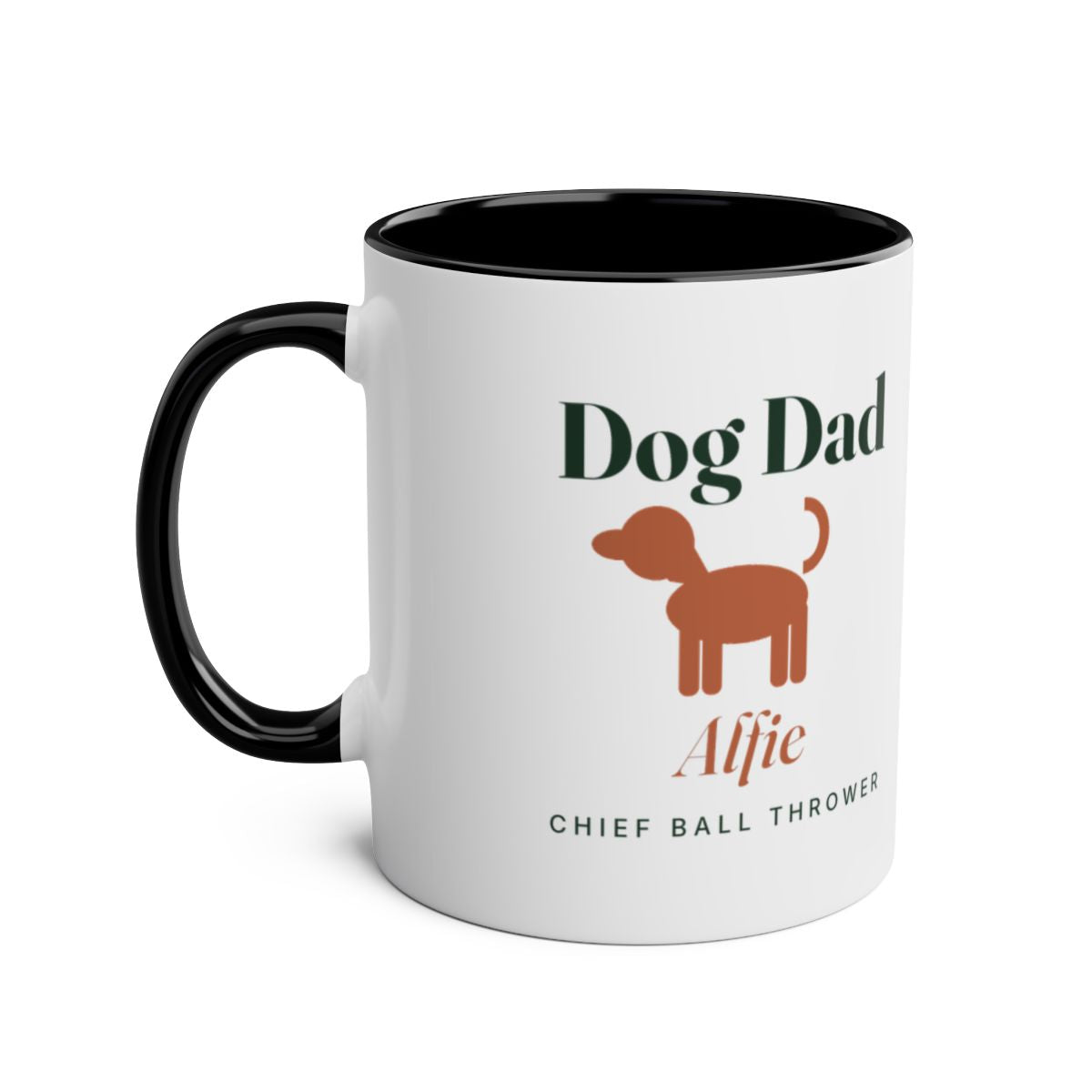 Dog Dad two-tone mug mock-up in the black colour, handle on the left, with the dog silhouette and sample name 'Alfie'