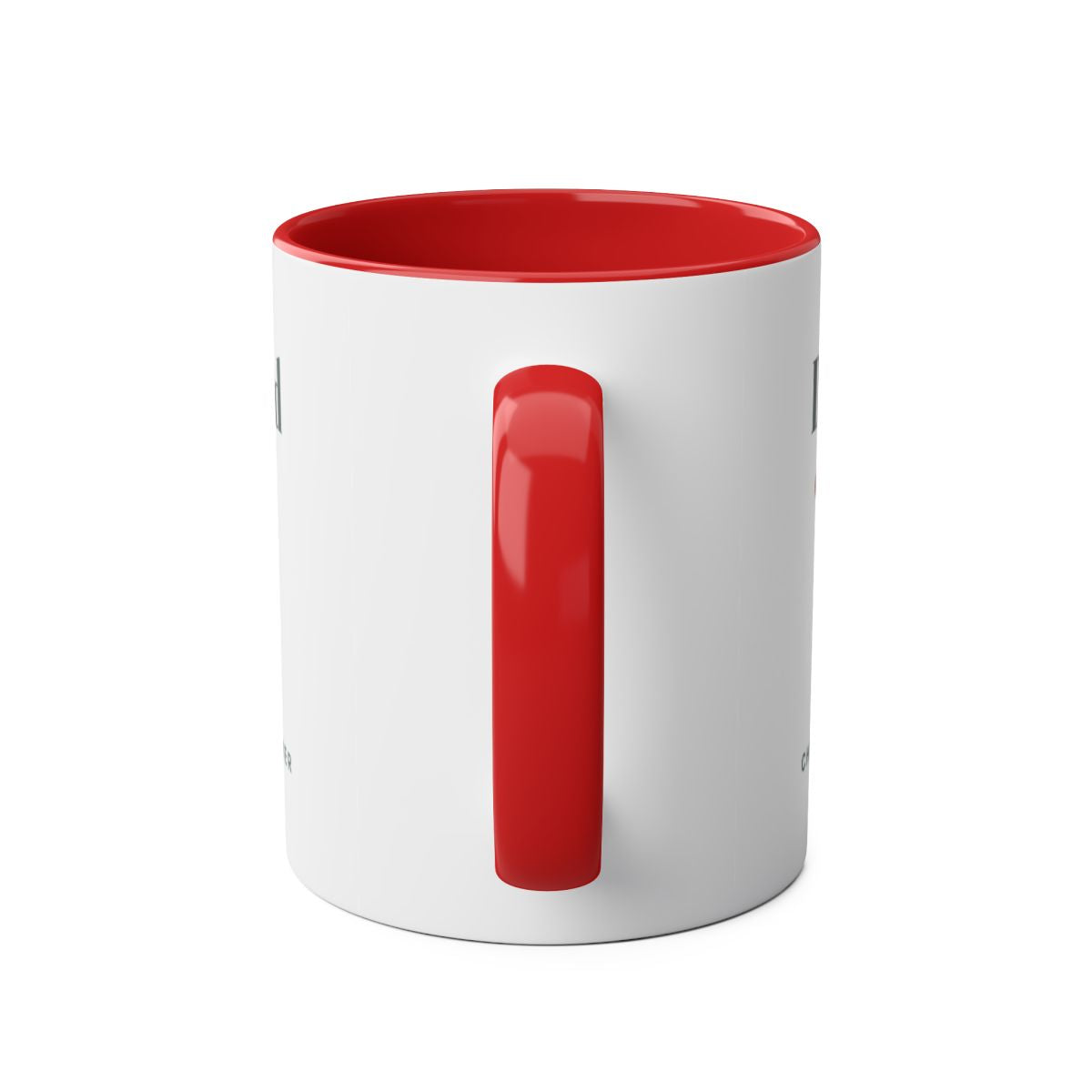 Dog Dad two-tone mug in red seen from the handle side, the printed design just visible at both edges