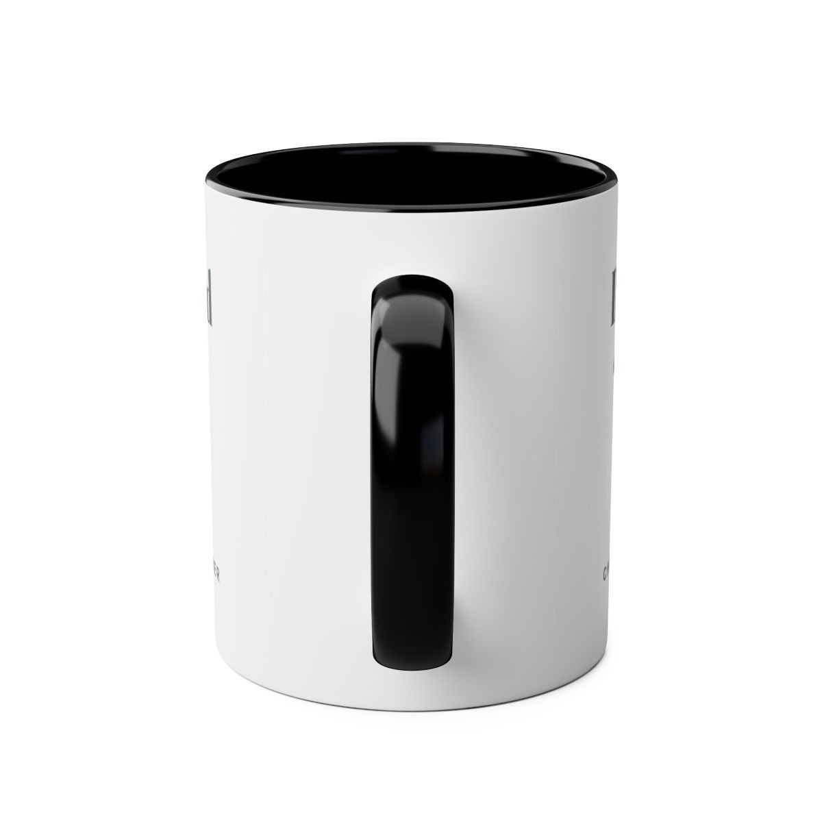 Dog Dad two-tone mug in black seen from the handle side, the printed design just visible at both edges