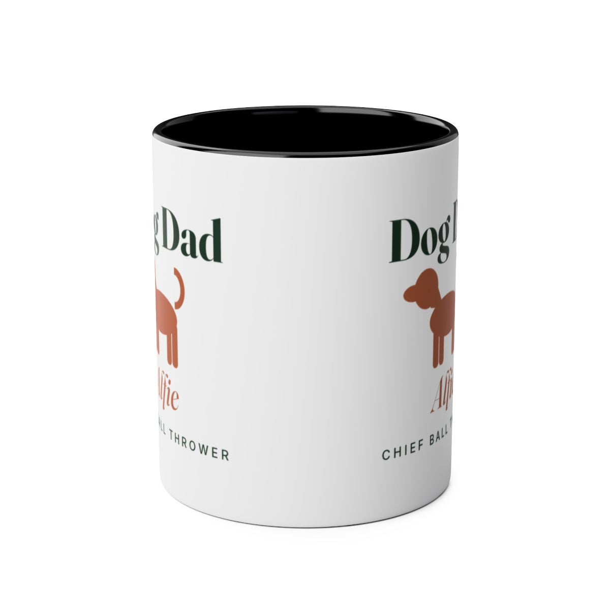 Dog Dad two-tone mug in black seen straight on with the handle behind, the design visible on both sides