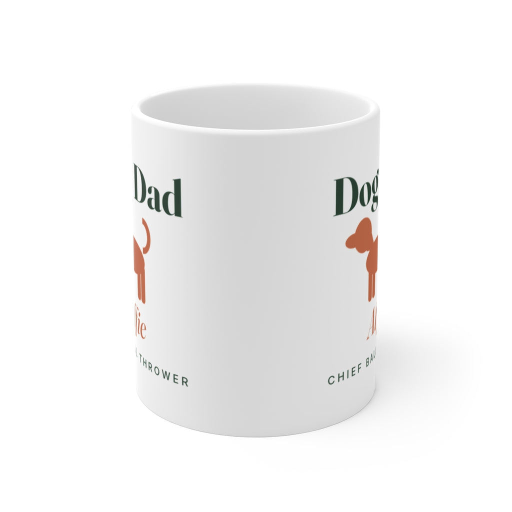 Dog Dad white mug seen straight on with the handle behind, the printed design visible on both sides