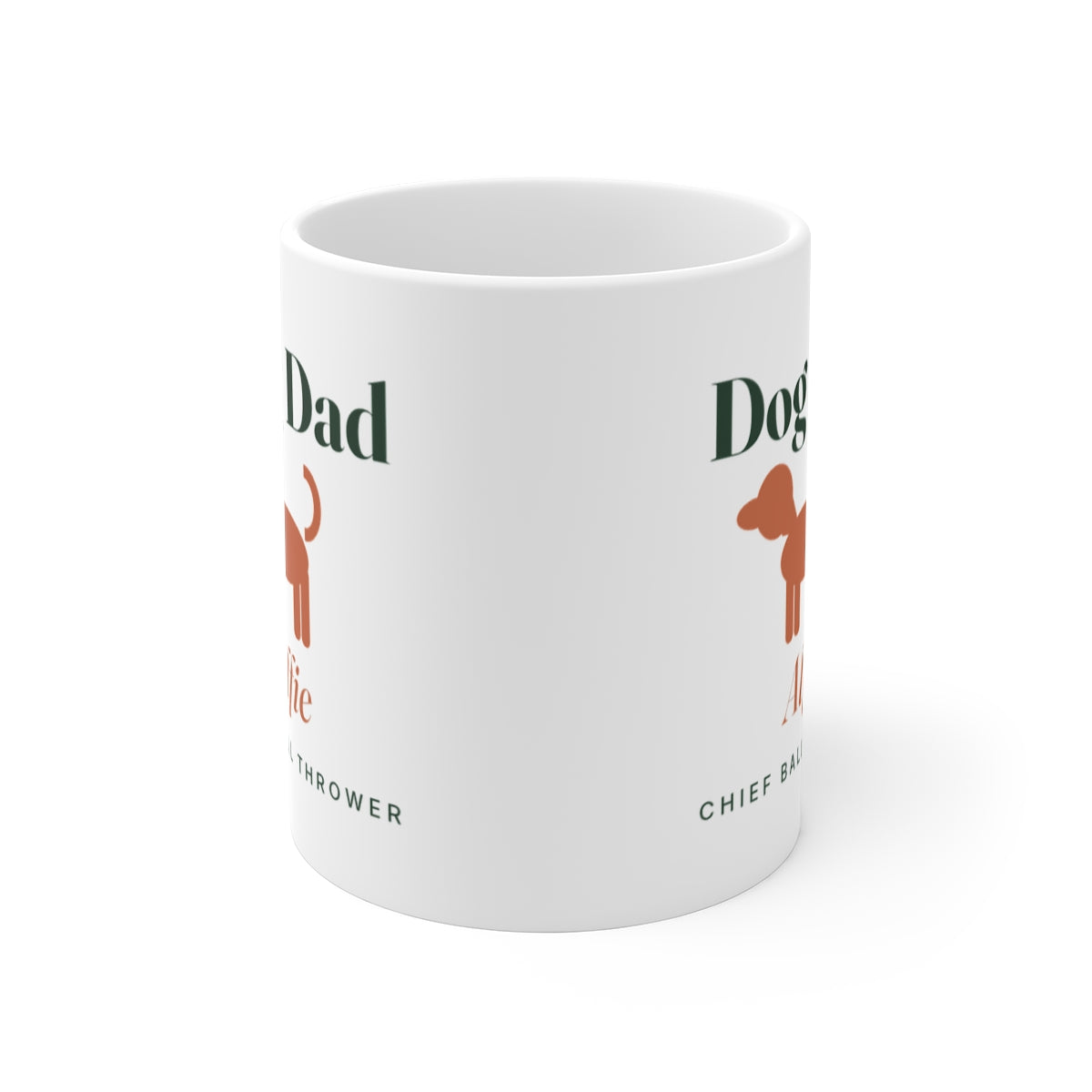 Dog Dad white mug seen straight on with the handle behind, the printed design visible on both sides
