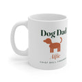Personalised Dog Dad white mug mock-up, handle on the left, with a dog silhouette, 'Alfie' and 'Chief ball thrower'
