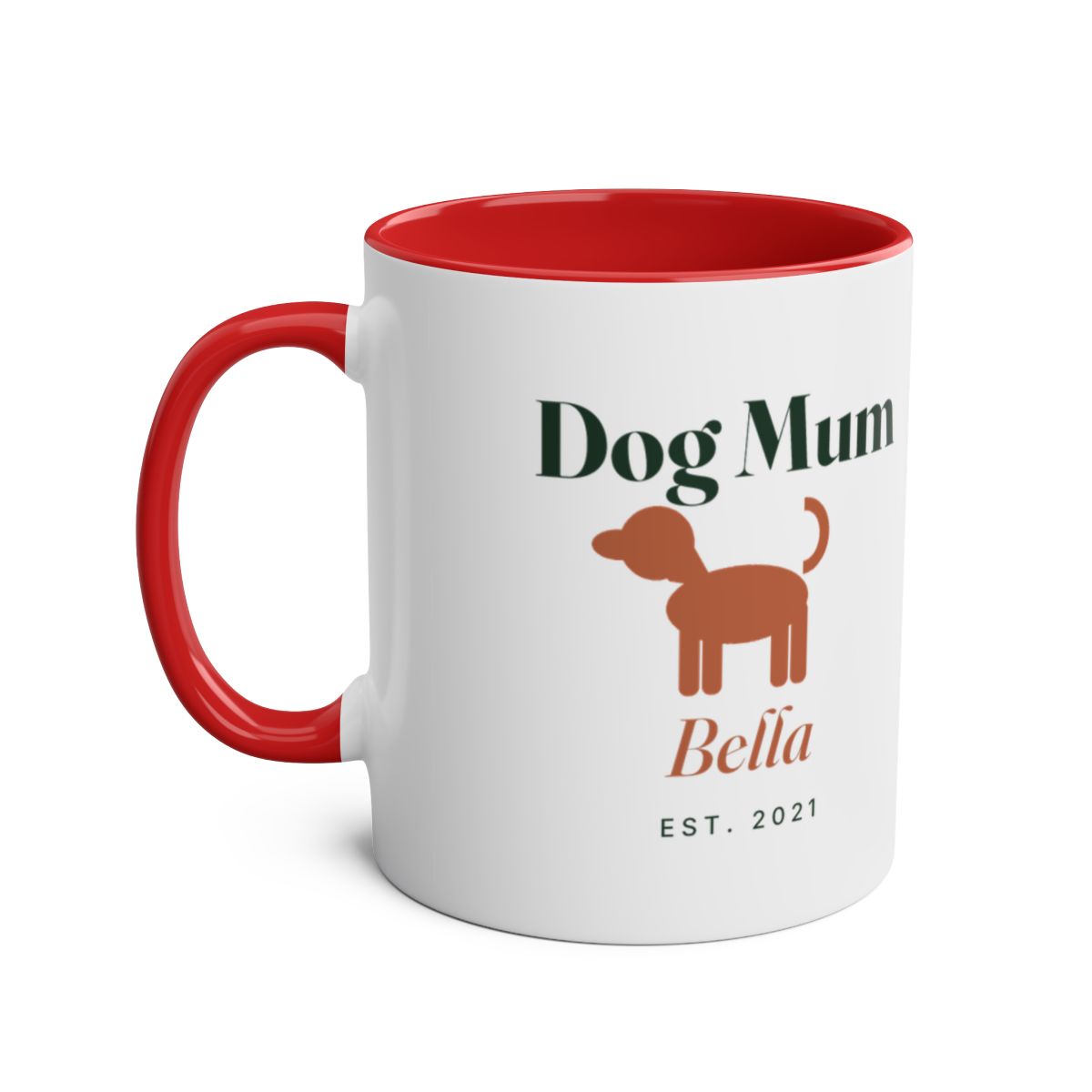 Personalised Dog Mum two-tone mug mock-up with a red inside and handle, a dog silhouette, 'Bella' and 'Est. 2021'