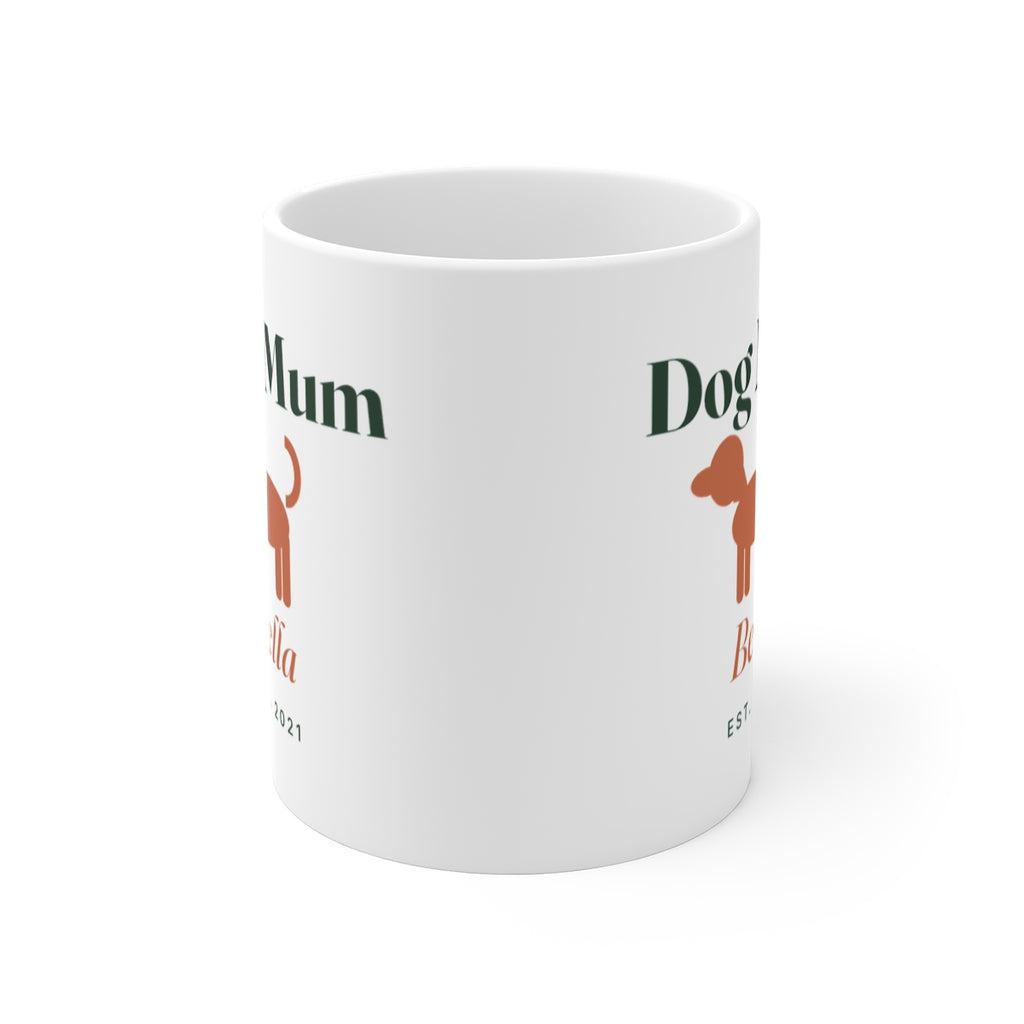 Dog Mum white mug seen straight on with the handle behind, the printed design visible on both sides
