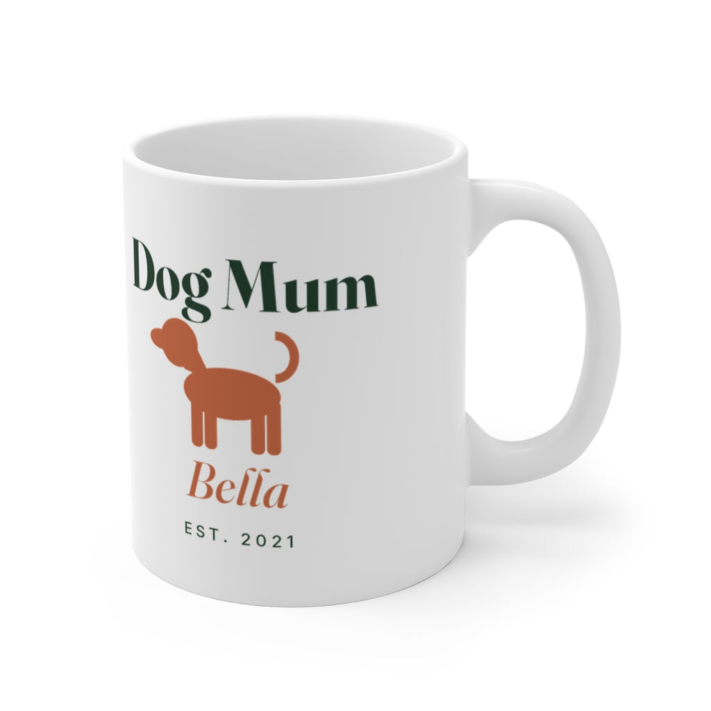 Dog Mum white mug mock-up, handle on the right, printed with a dog, 'Dog Mum', 'Bella' and 'Est. 2021'