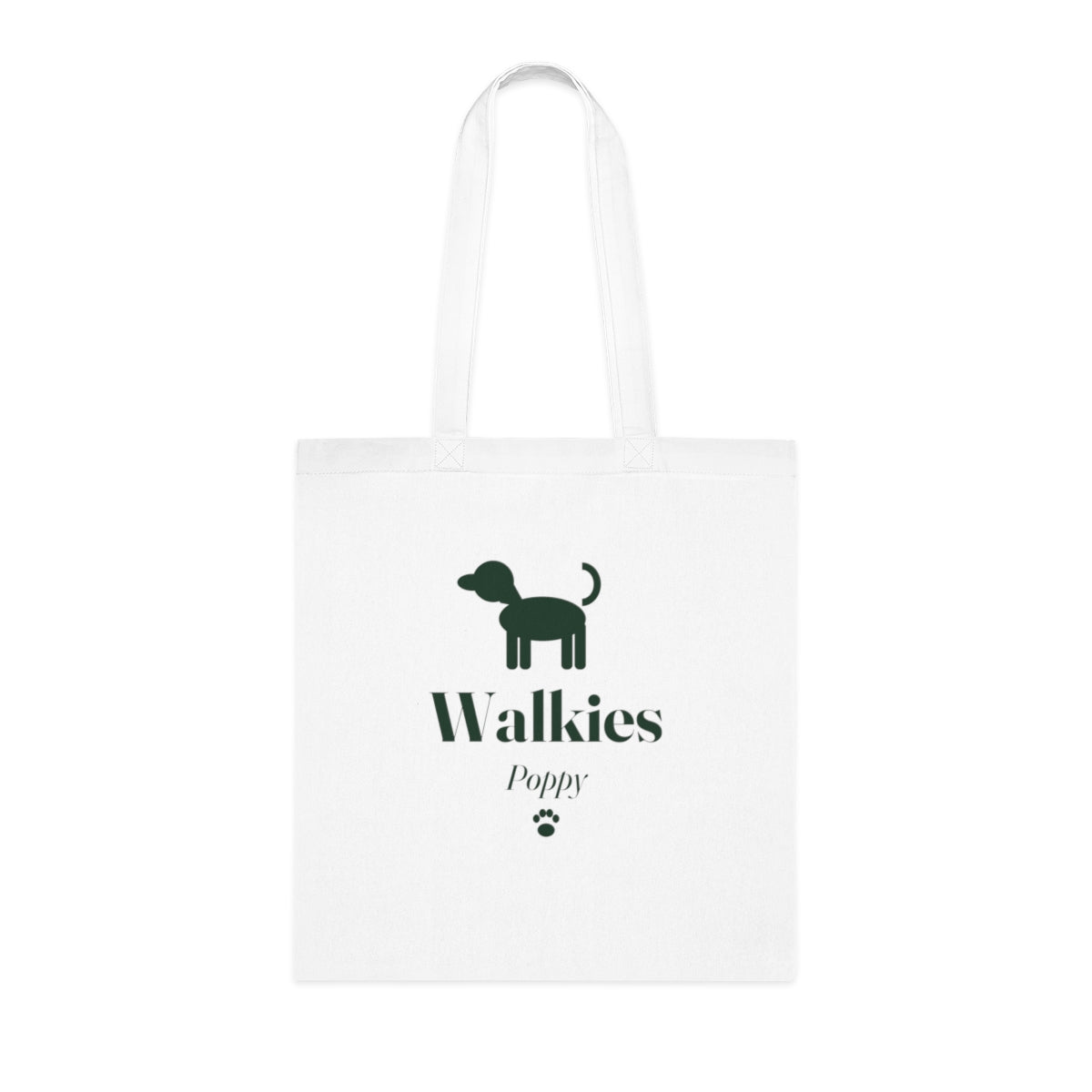 Personalised dog walking white cotton tote bag mock-up with a dog silhouette, 'Walkies', 'Poppy' and a paw print