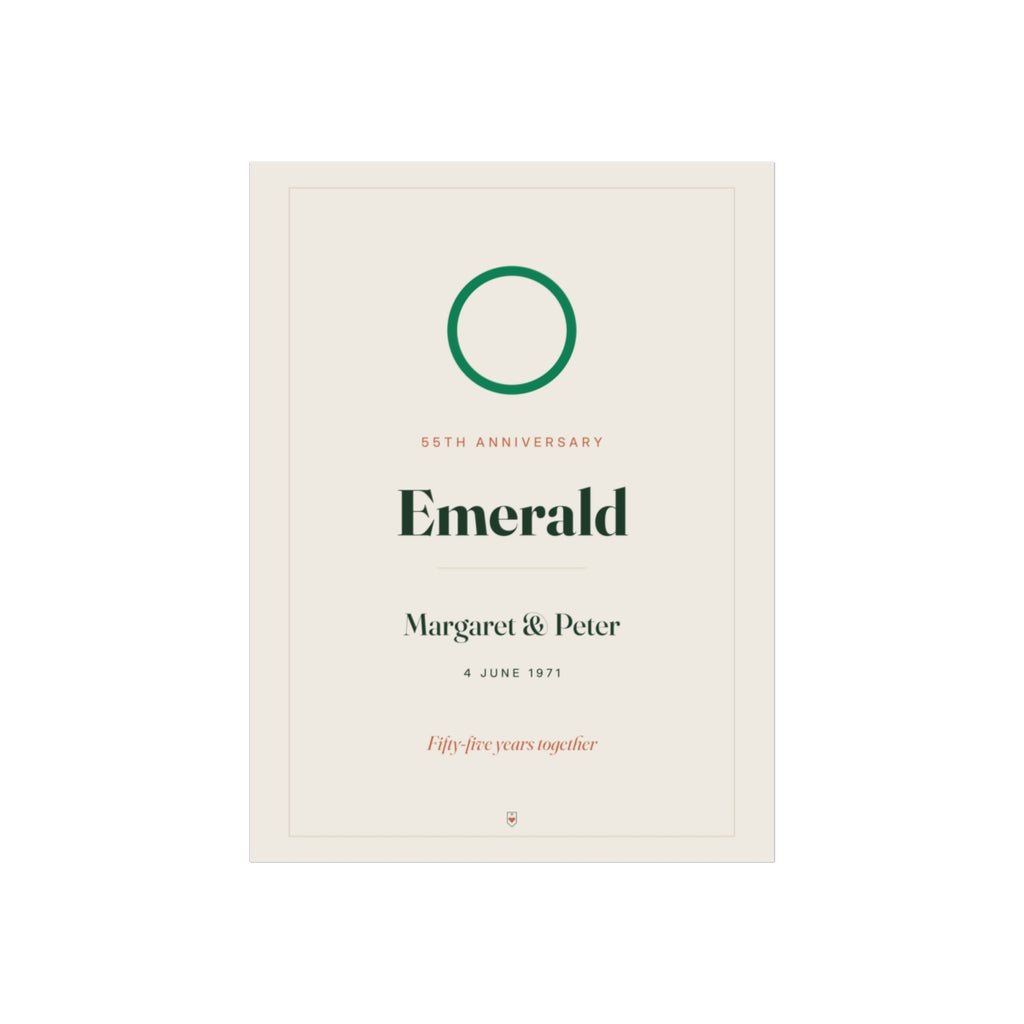 Emerald anniversary print mock-up with a green ring, '55th anniversary', 'Emerald', 'Margaret & Peter' and '4 June 1971'