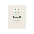 Emerald anniversary print mock-up with a green ring, '55th anniversary', 'Emerald', 'Margaret & Peter' and '4 June 1971'