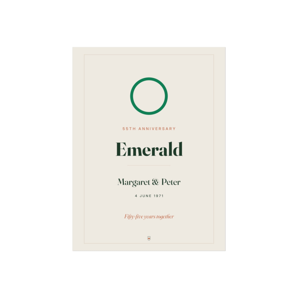 Emerald anniversary print mock-up with a green ring, '55th anniversary', 'Emerald', 'Margaret & Peter' and '4 June 1971'
