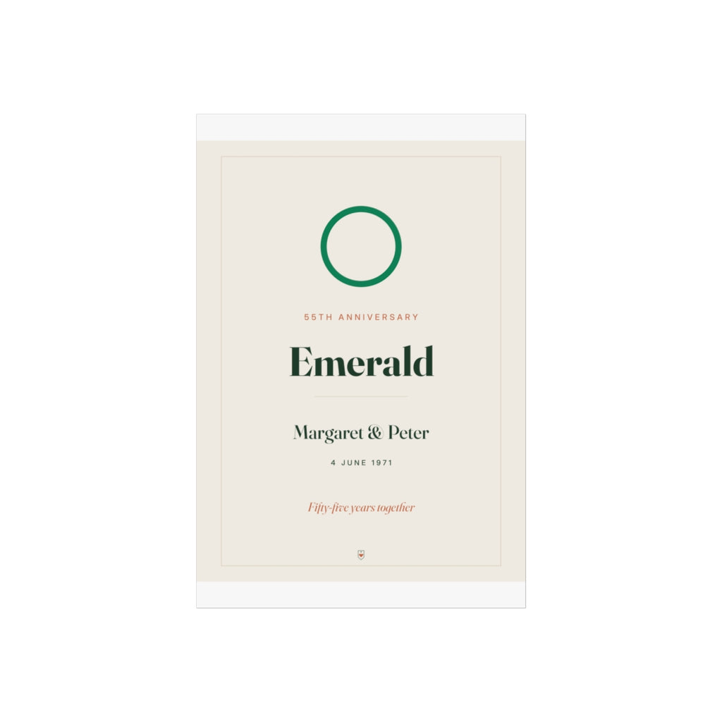 Emerald anniversary print mock-up on a taller sheet with white margins, 'Emerald' and 'Fifty-five years together'