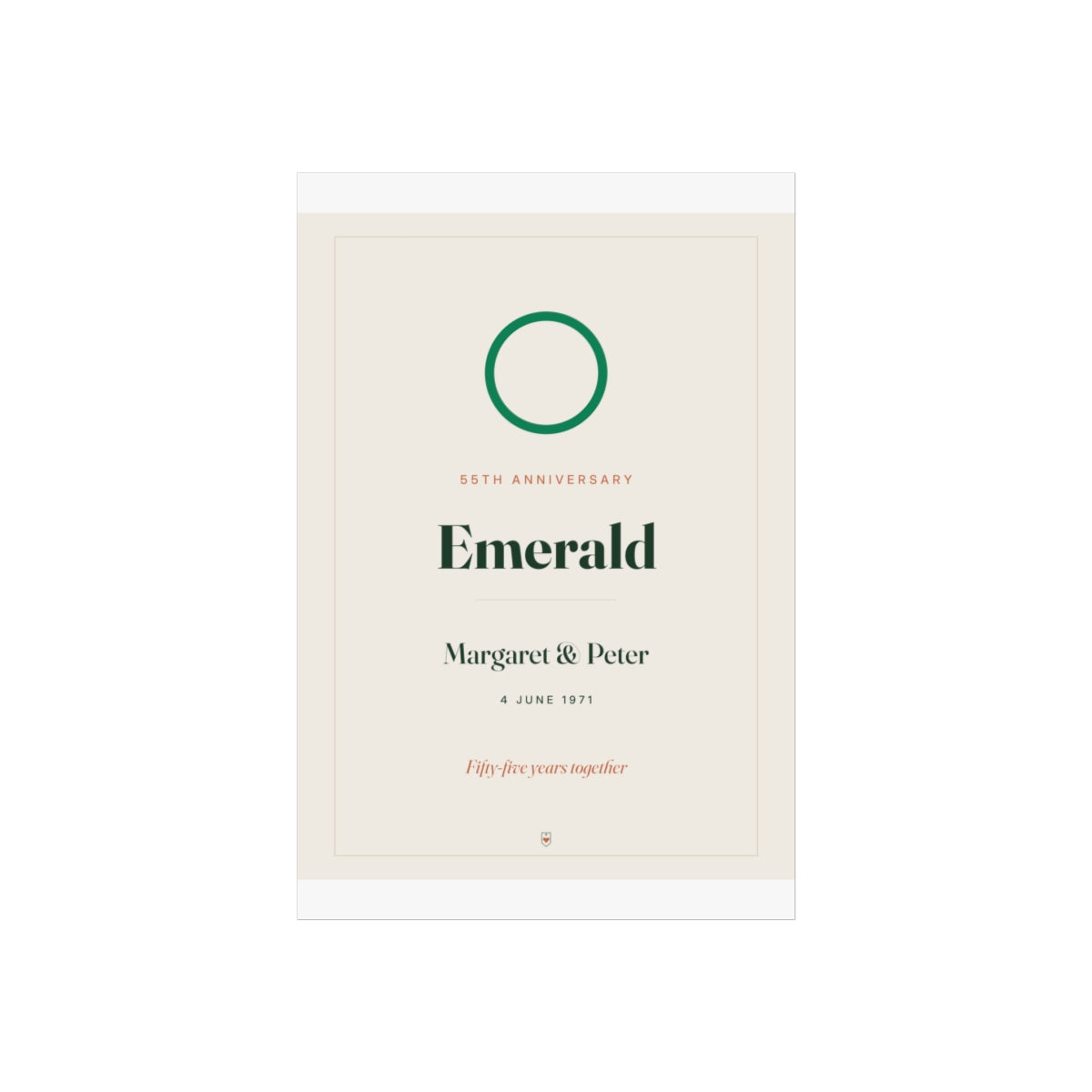 Emerald anniversary print mock-up on a taller sheet with white margins, 'Emerald' and 'Fifty-five years together'