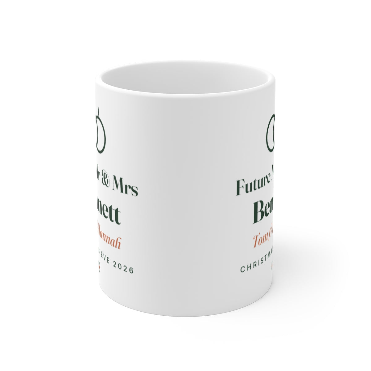 Engagement mug seen straight on with the handle behind, the linked rings and names visible on both sides