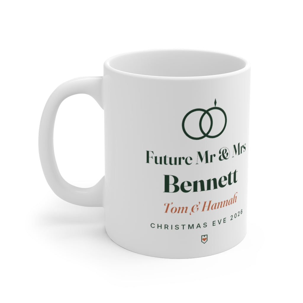 Engagement white mug mock-up with two linked rings, 'Future Mr & Mrs', 'Bennett', 'Tom & Hannah' and 'Christmas Eve 2026'