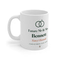 Engagement white mug mock-up with two linked rings, 'Future Mr & Mrs', 'Bennett', 'Tom & Hannah' and 'Christmas Eve 2026'