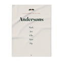 Family Christmas fleece blanket mock-up laid flat with holly, 'Christmas with the Andersons' and five sample names