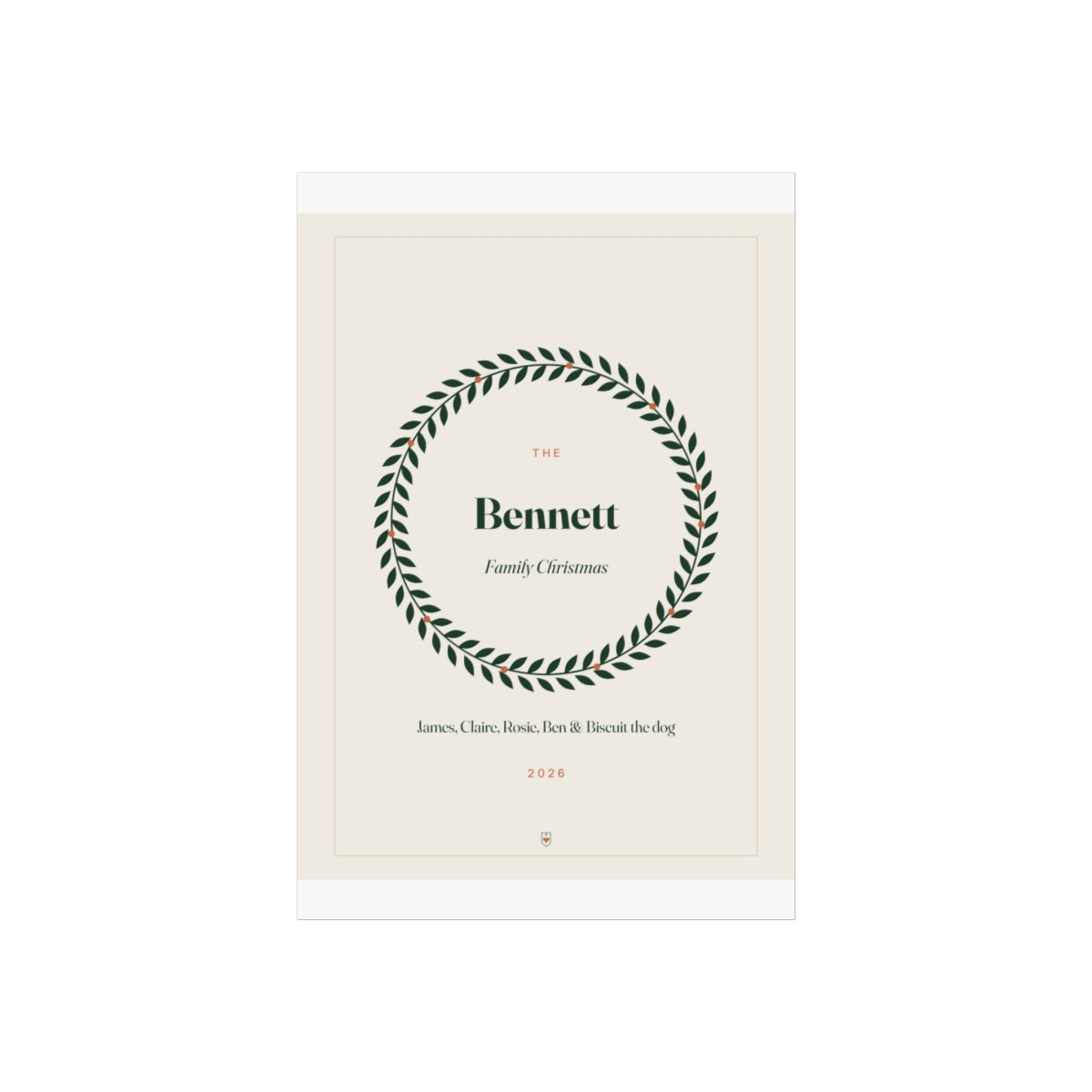 Personalised family Christmas print mock-up, flat view at the smaller size with the wreath, 'Bennett' and five sample names