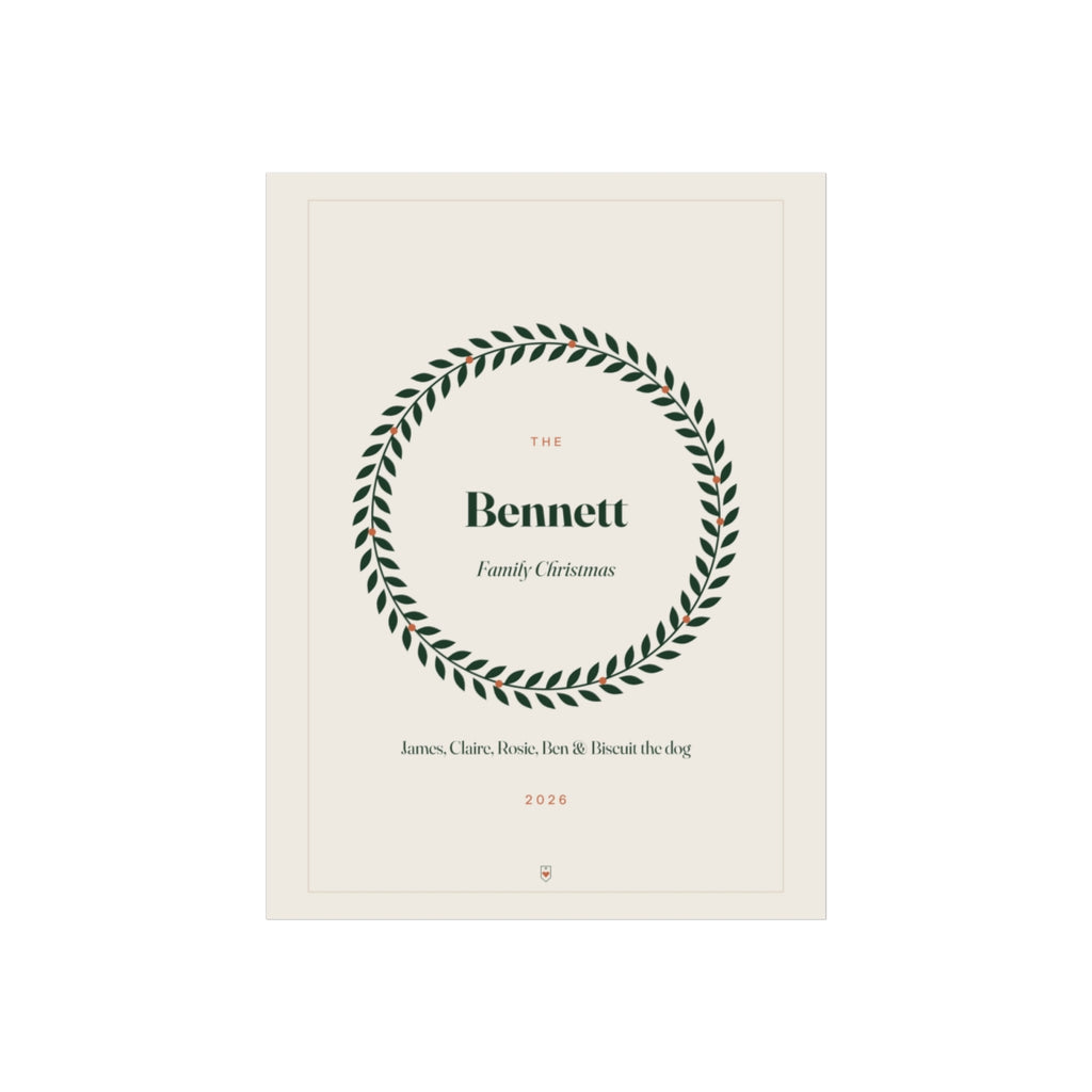 Personalised family Christmas print mock-up with a green wreath around 'The Bennett Family Christmas', five names and '2026'