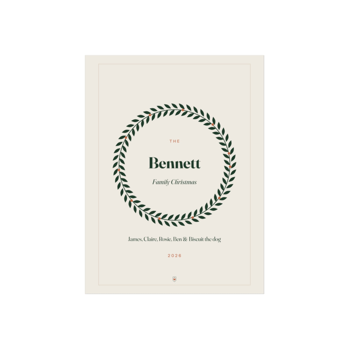 Personalised family Christmas print mock-up with a green wreath around 'The Bennett Family Christmas', five names and '2026'