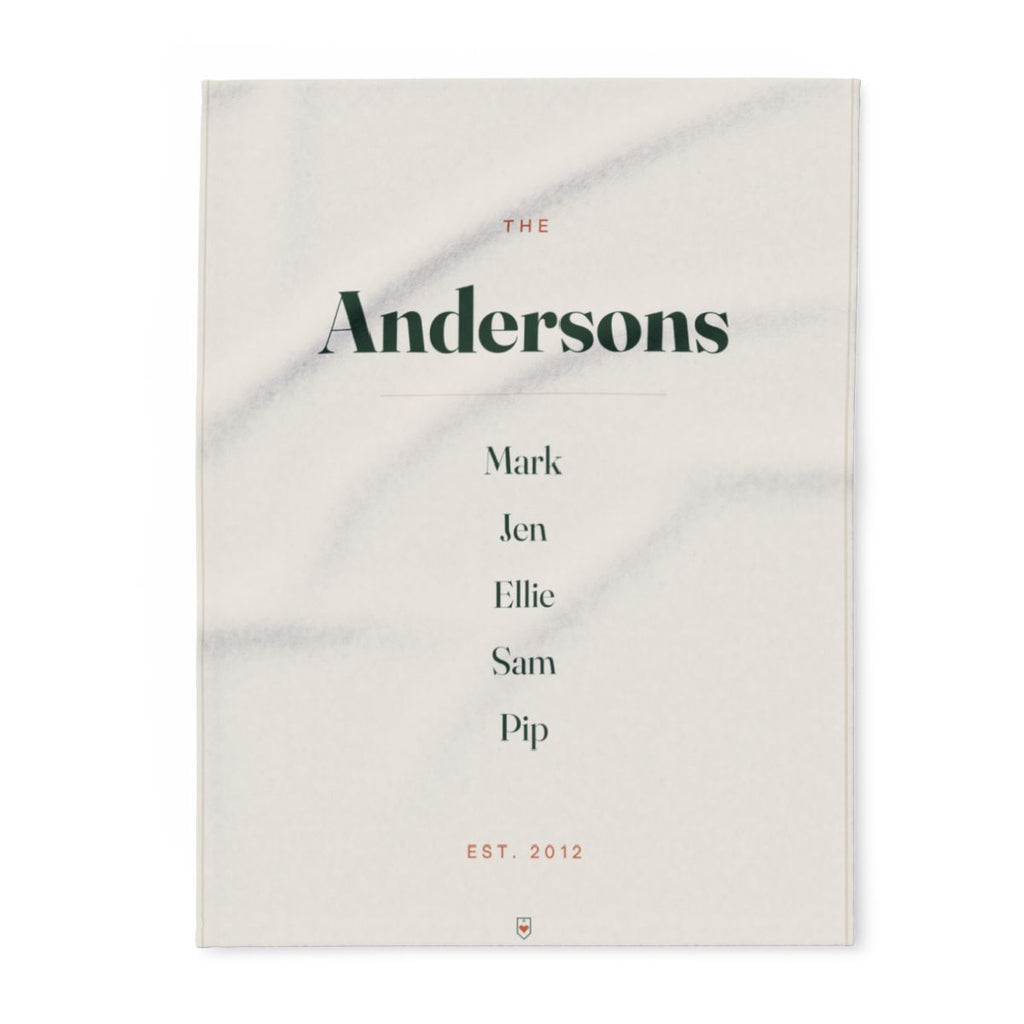 Personalised family name fleece blanket mock-up laid flat, printed cream with 'The Andersons', five names and 'Est. 2012'