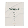 Personalised family name fleece blanket mock-up laid flat, printed cream with 'The Andersons', five names and 'Est. 2012'
