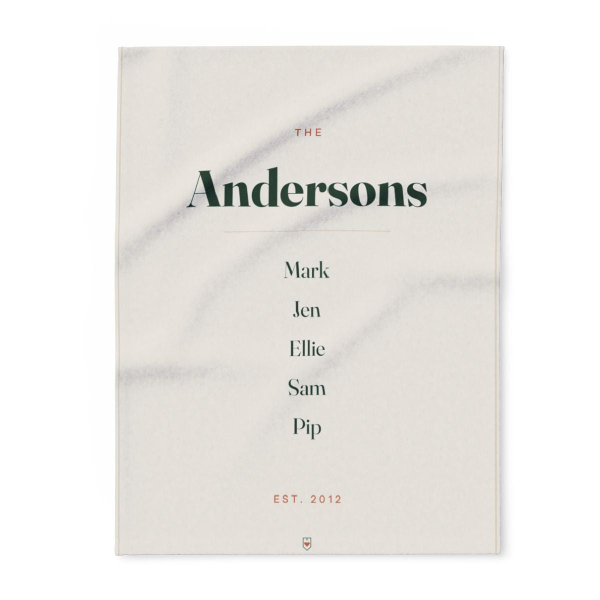 Personalised family name fleece blanket mock-up laid flat, printed cream with 'The Andersons', five names and 'Est. 2012'