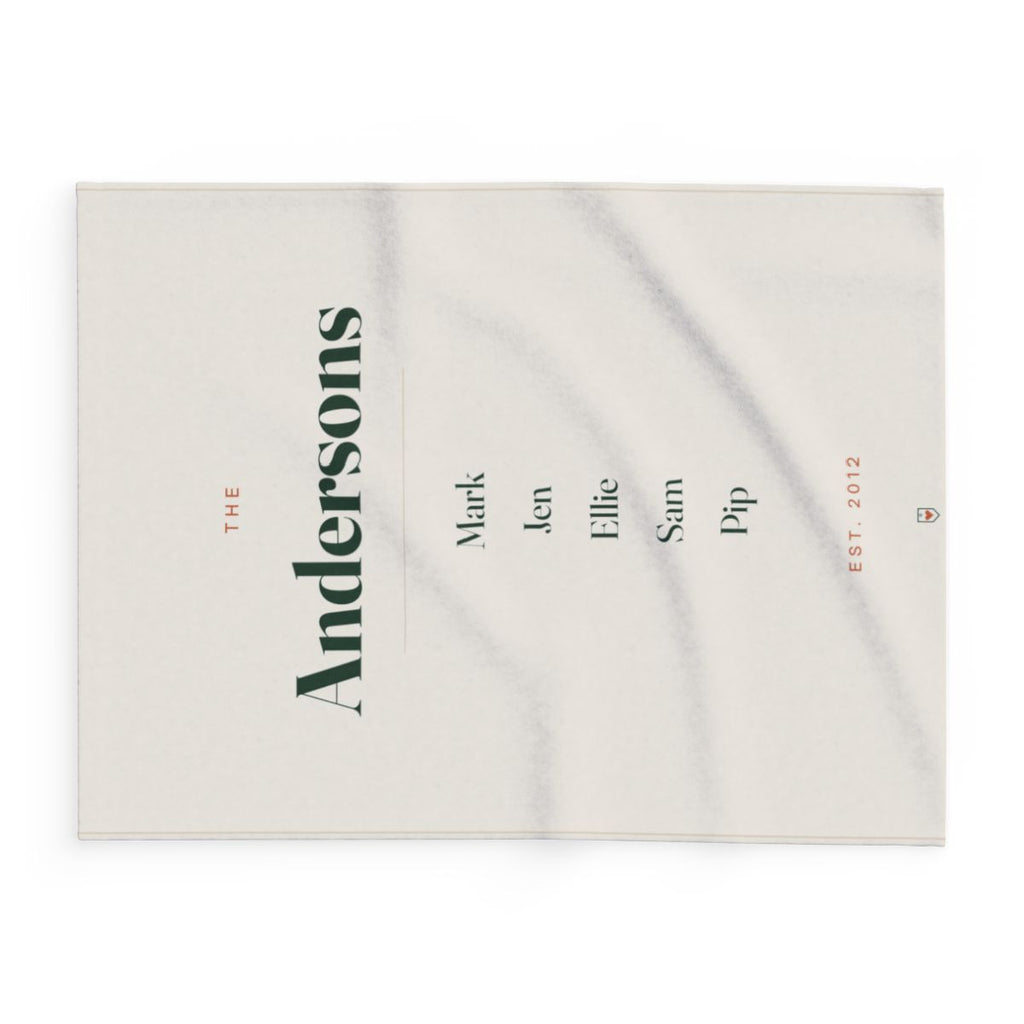 Personalised family name fleece blanket mock-up laid flat sideways, landscape view of 'The Andersons' and the names