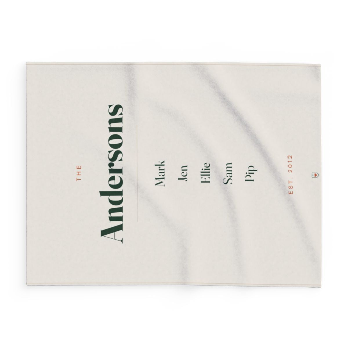 Personalised family name fleece blanket mock-up laid flat sideways, landscape view of 'The Andersons' and the names