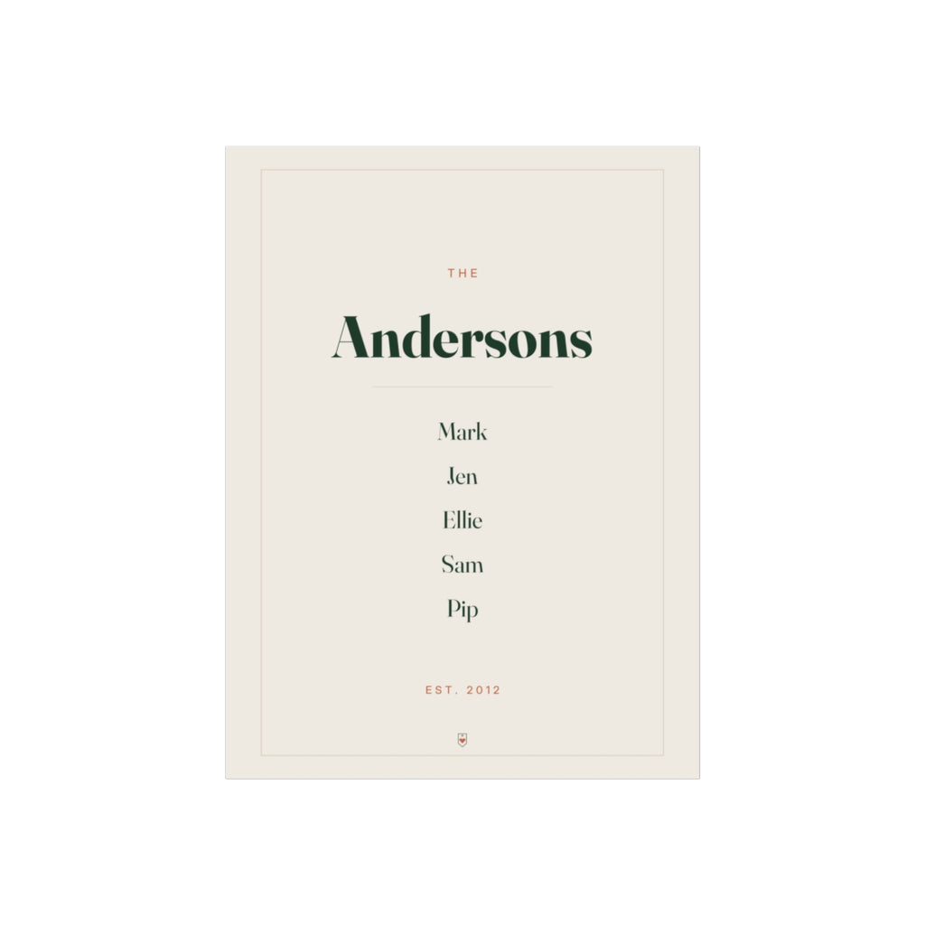 Personalised family name print mock-up with 'The Andersons', the sample names Mark, Jen, Ellie, Sam and Pip and 'Est. 2012'