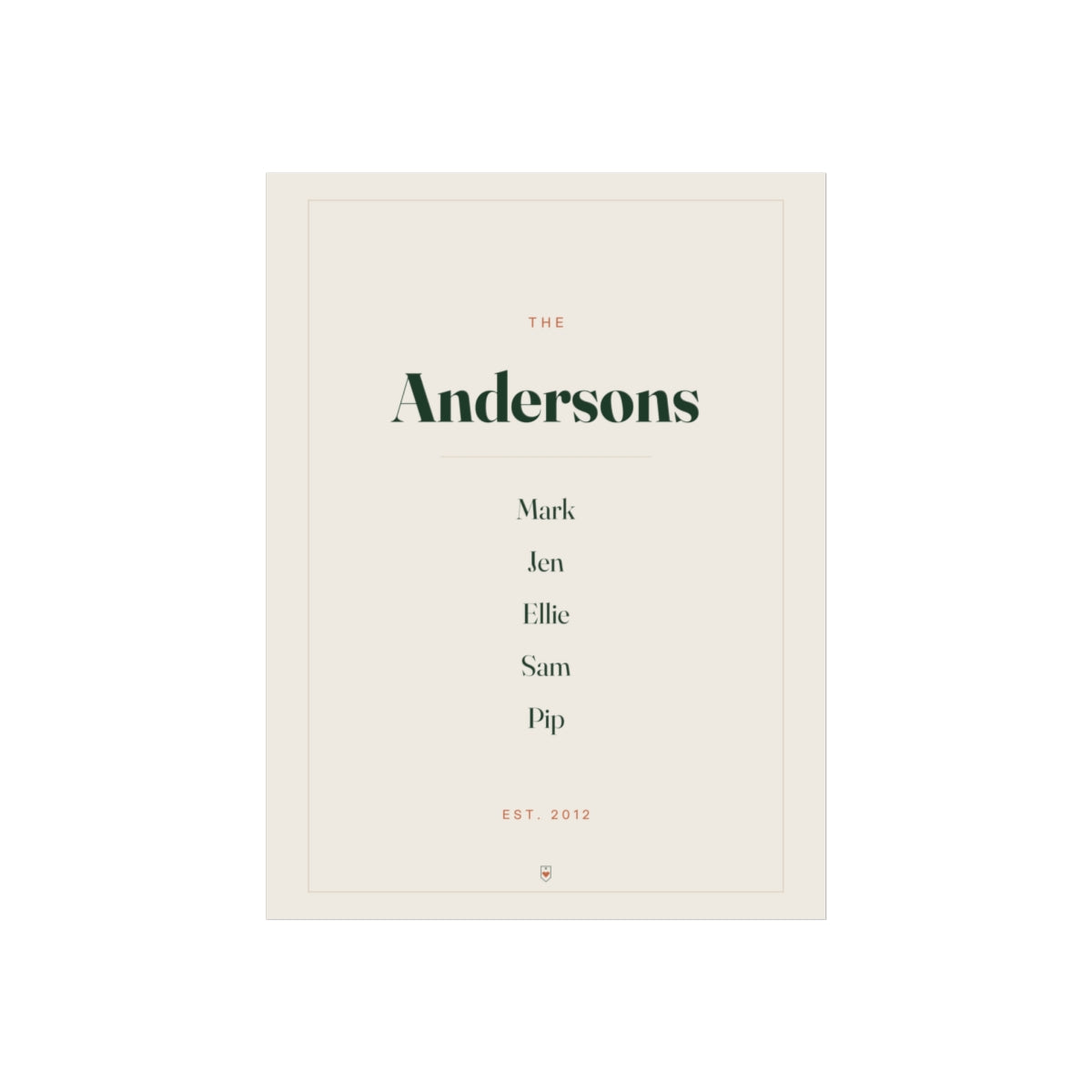 Personalised family name print mock-up with 'The Andersons', the sample names Mark, Jen, Ellie, Sam and Pip and 'Est. 2012'