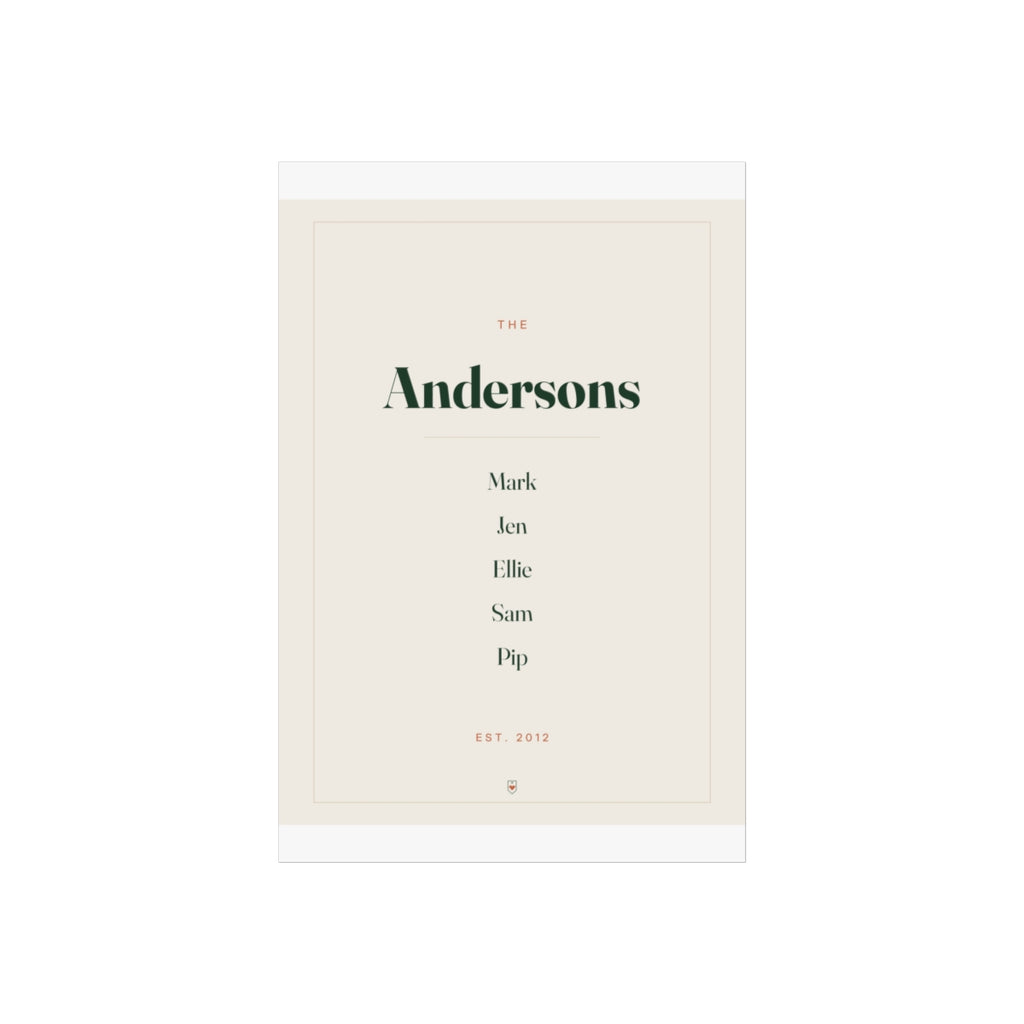 Personalised family name print mock-up, flat view at the smaller size with 'The Andersons' and five sample names