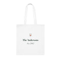 Personalised family name tote bag mock-up, white cotton with a small heart crest, 'The Andersons' and 'Est. 2012'