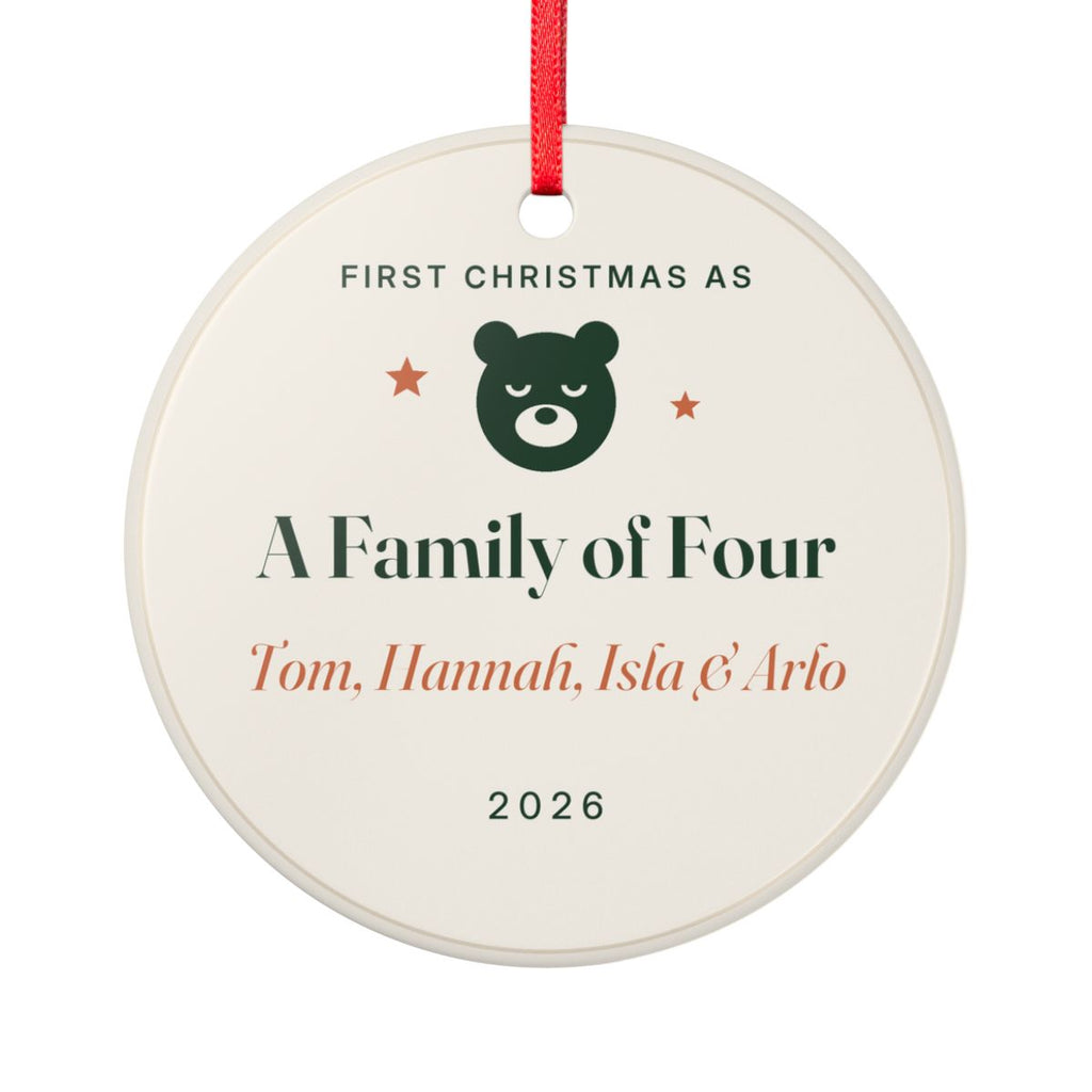 Personalised first Christmas as a family ornament mock-up, round ceramic with a bear and 'A Family of Four'