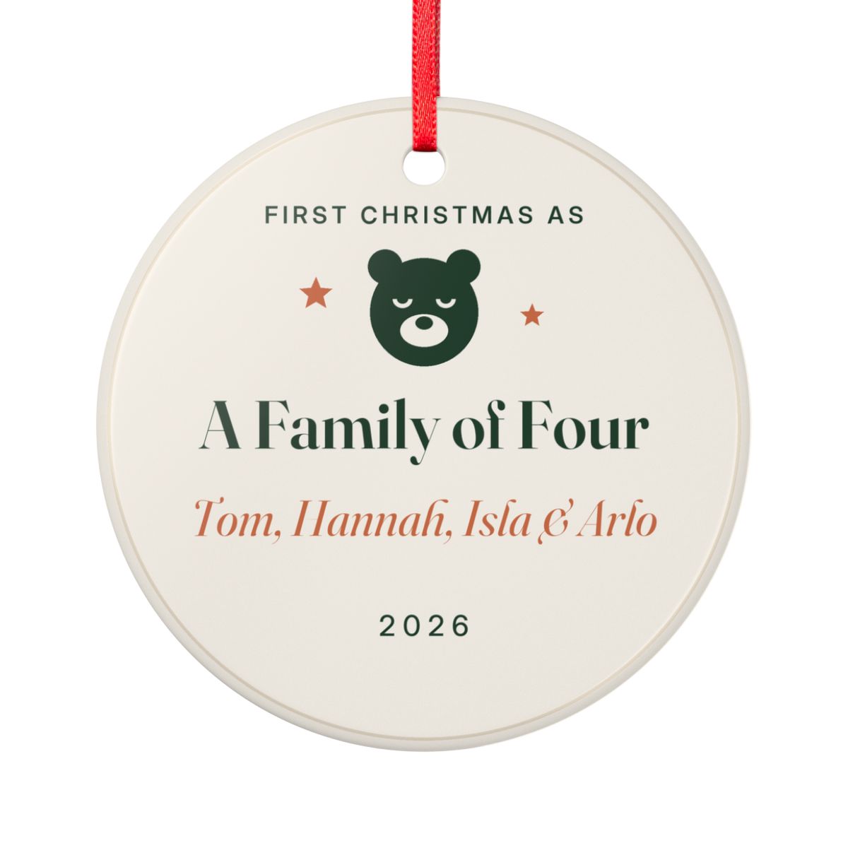 Personalised first Christmas as a family ornament mock-up, round ceramic with a bear and 'A Family of Four'