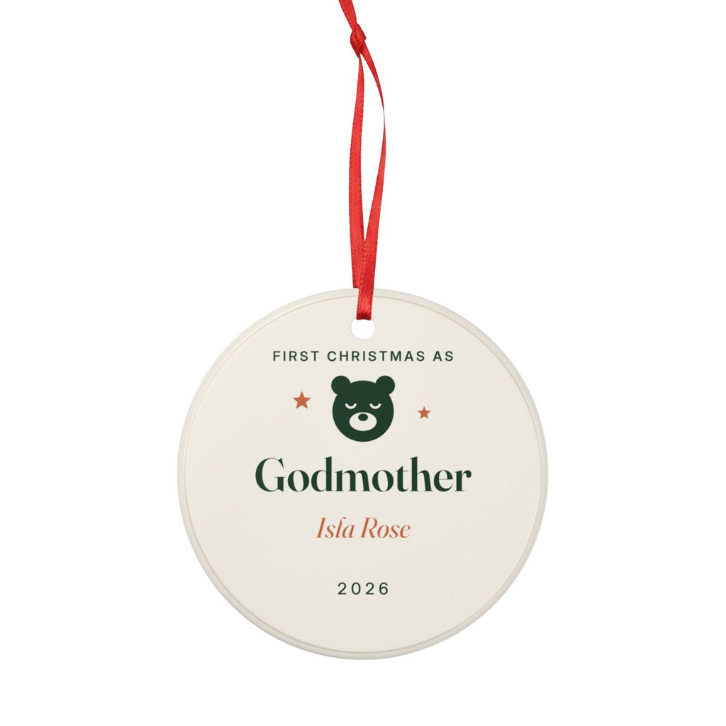 Personalised first Christmas as godparents ornament mock-up hanging on its red ribbon with the bear and 'Godmother'