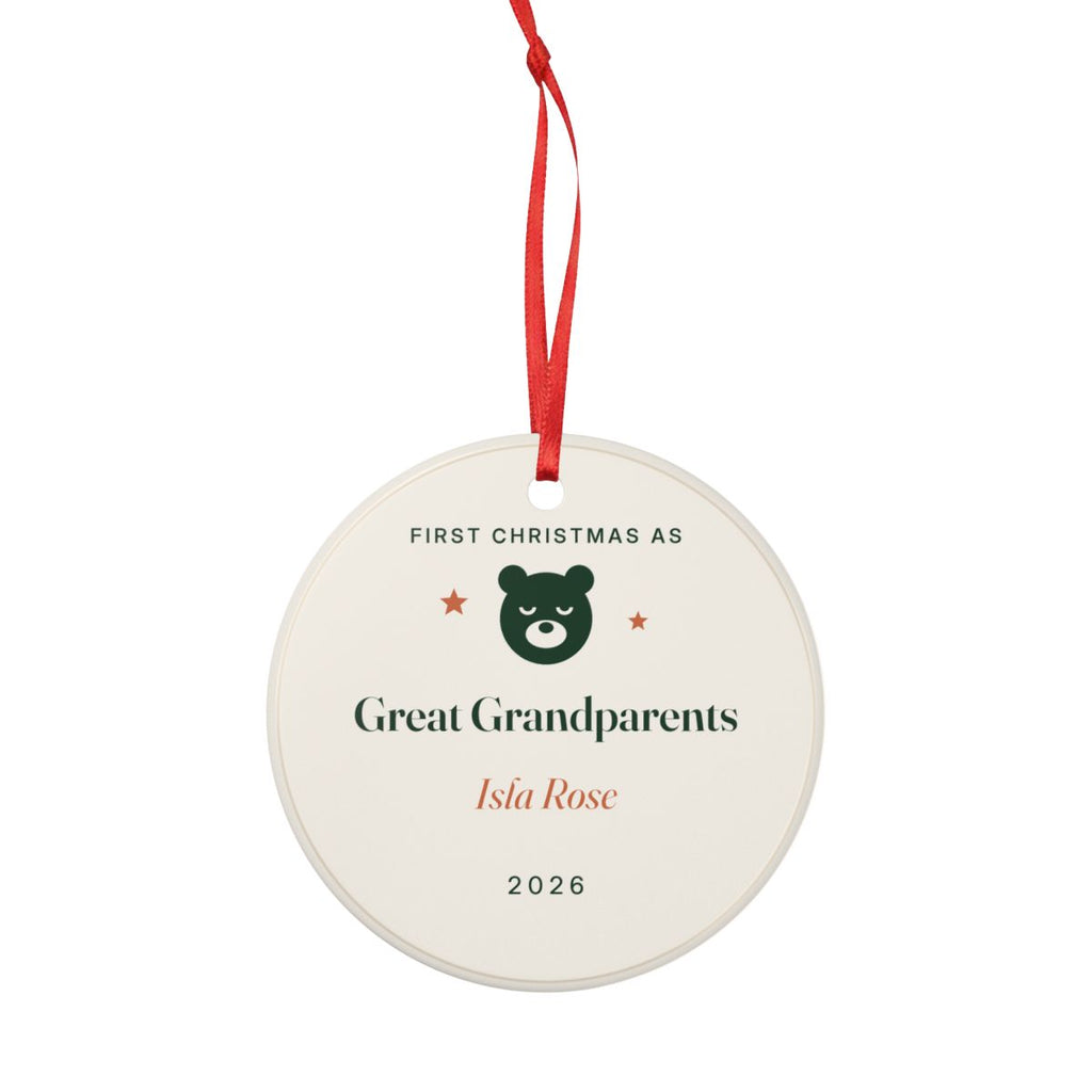 Personalised first Christmas as great grandparents ornament mock-up hanging on its red ribbon, showing 'Isla Rose' and '2026'
